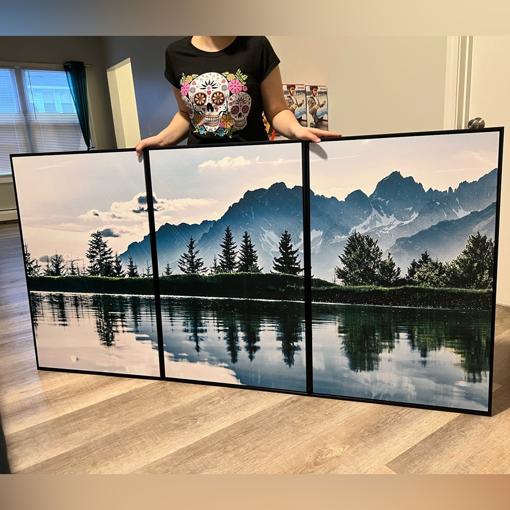 Framed wall high contrast mountain and lake set